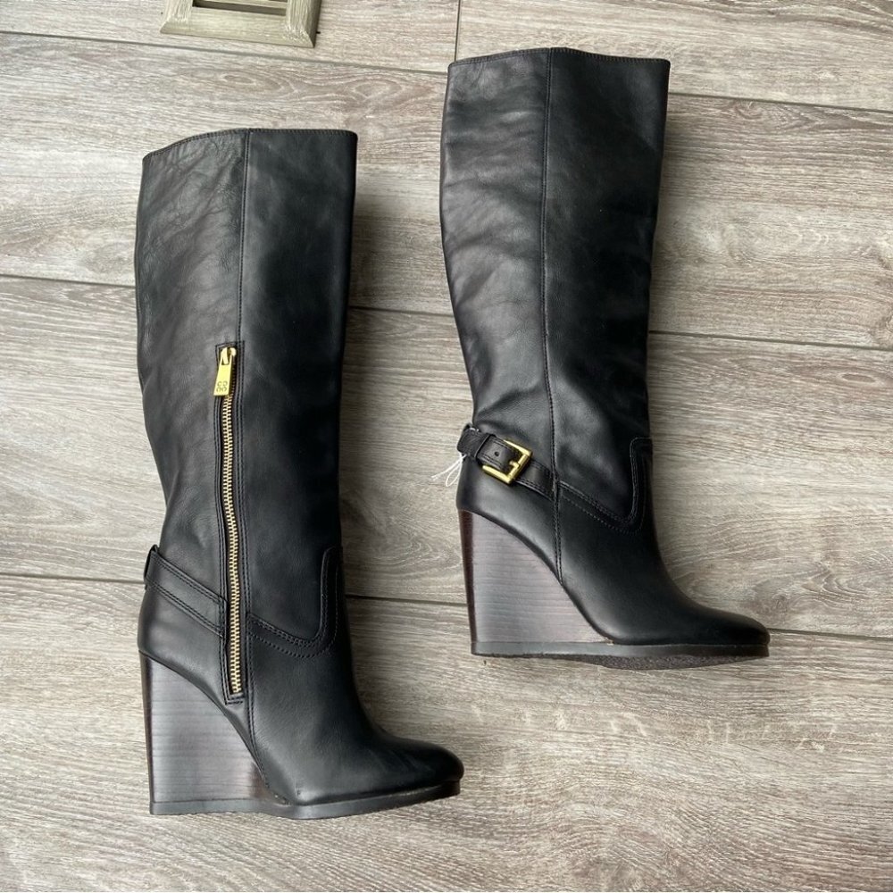 Coach Black Leather Wedge Knee-High Boots with Gold Hardware